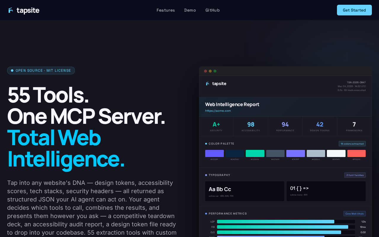 tapsite — 55 Tools, One MCP Server, Total Web Intelligence